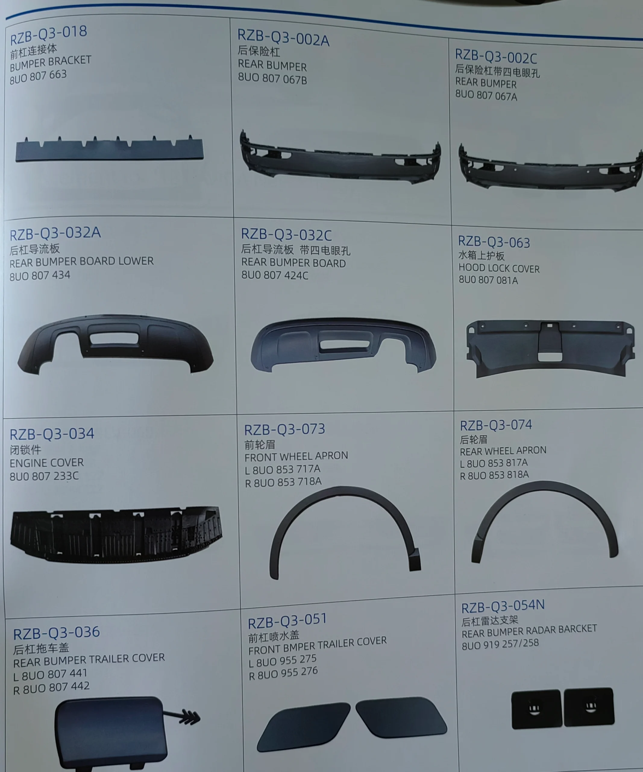 Audi's full range of plastic exterior parts, headlights, taillights, kettle, grille, radiator frame, bumper, fuel tank cover, decorative strips, brackets, etc - 图片 5